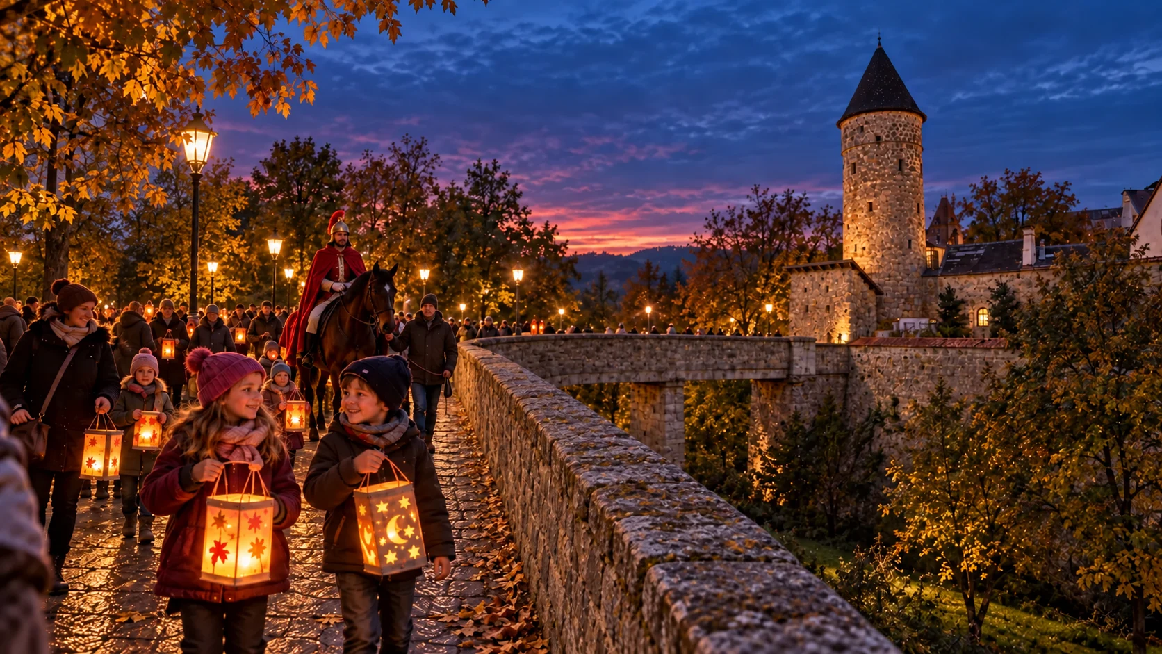 Laternenzug mit dem heiligen Martin am erhöhten Weg entlang der Stadtmauer vor Burggraben und Scheiblingturm in Freistadt