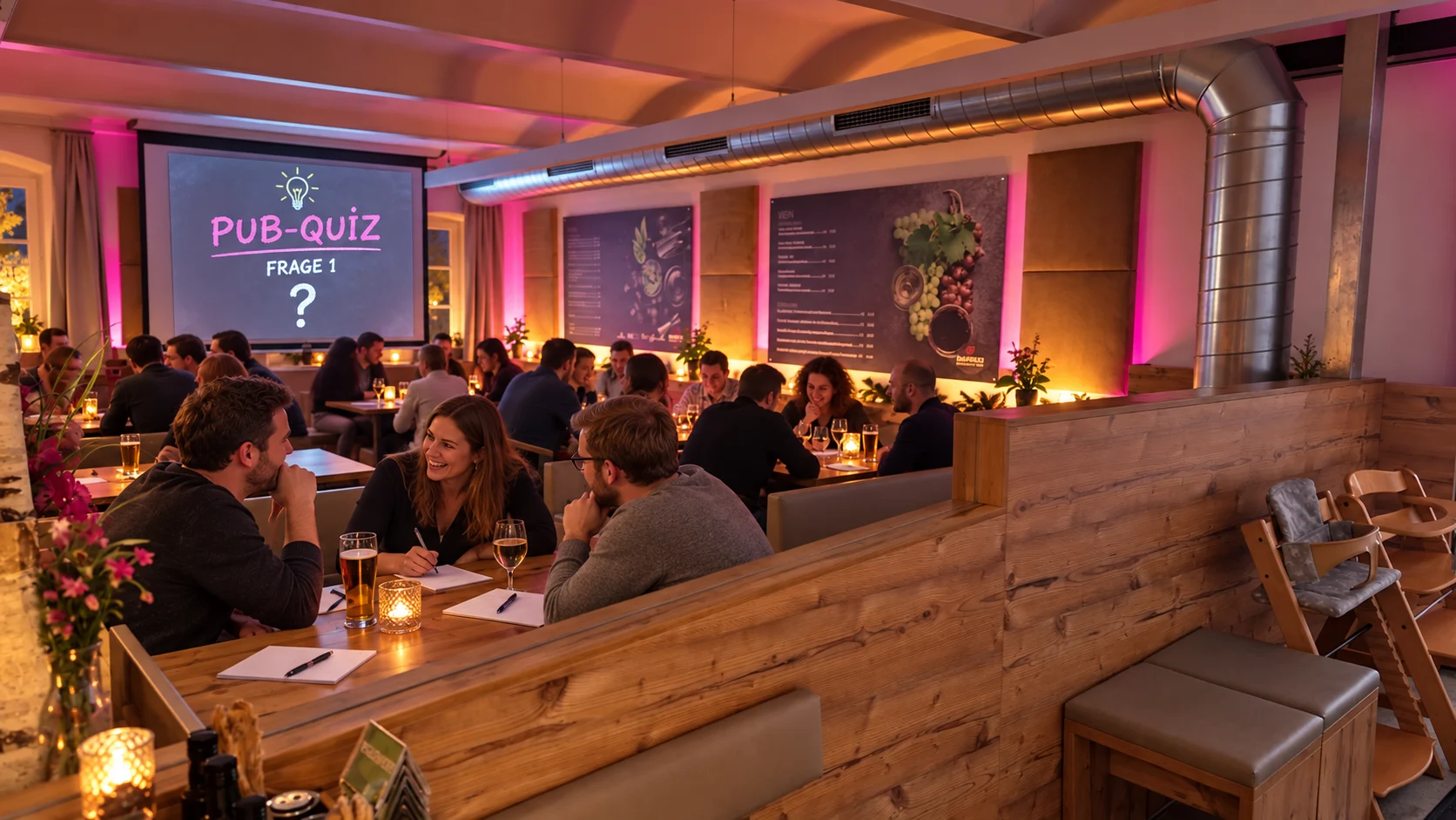 Pub-Quiz mit Antwortblöcken, Stiften und Präsentationsleinwand im RAFFAEL's