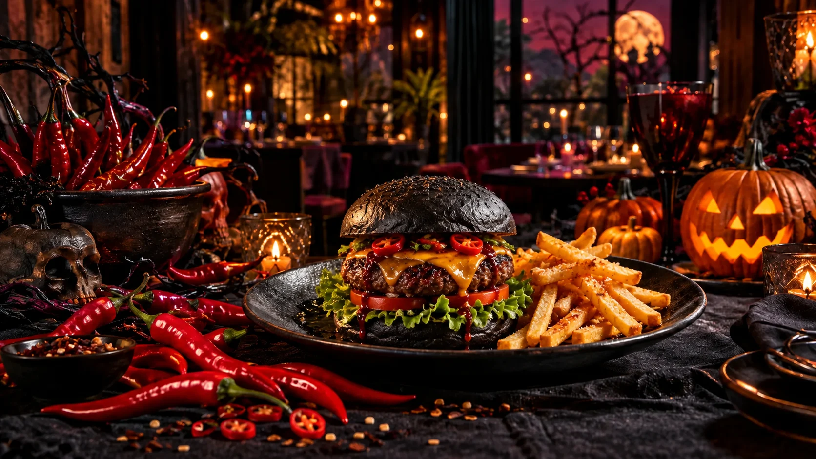 Halloween-Burger mit schwarzem Bun, Chilis und Pommes